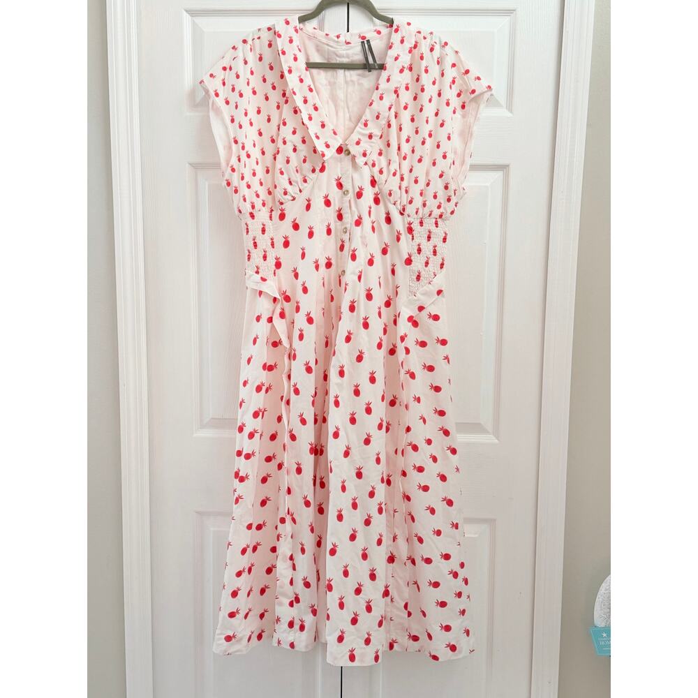 Anthropologie Short Sleeve V Neck Midi Dress Pineapple Retro 1X Plus - Picture 2 of 3